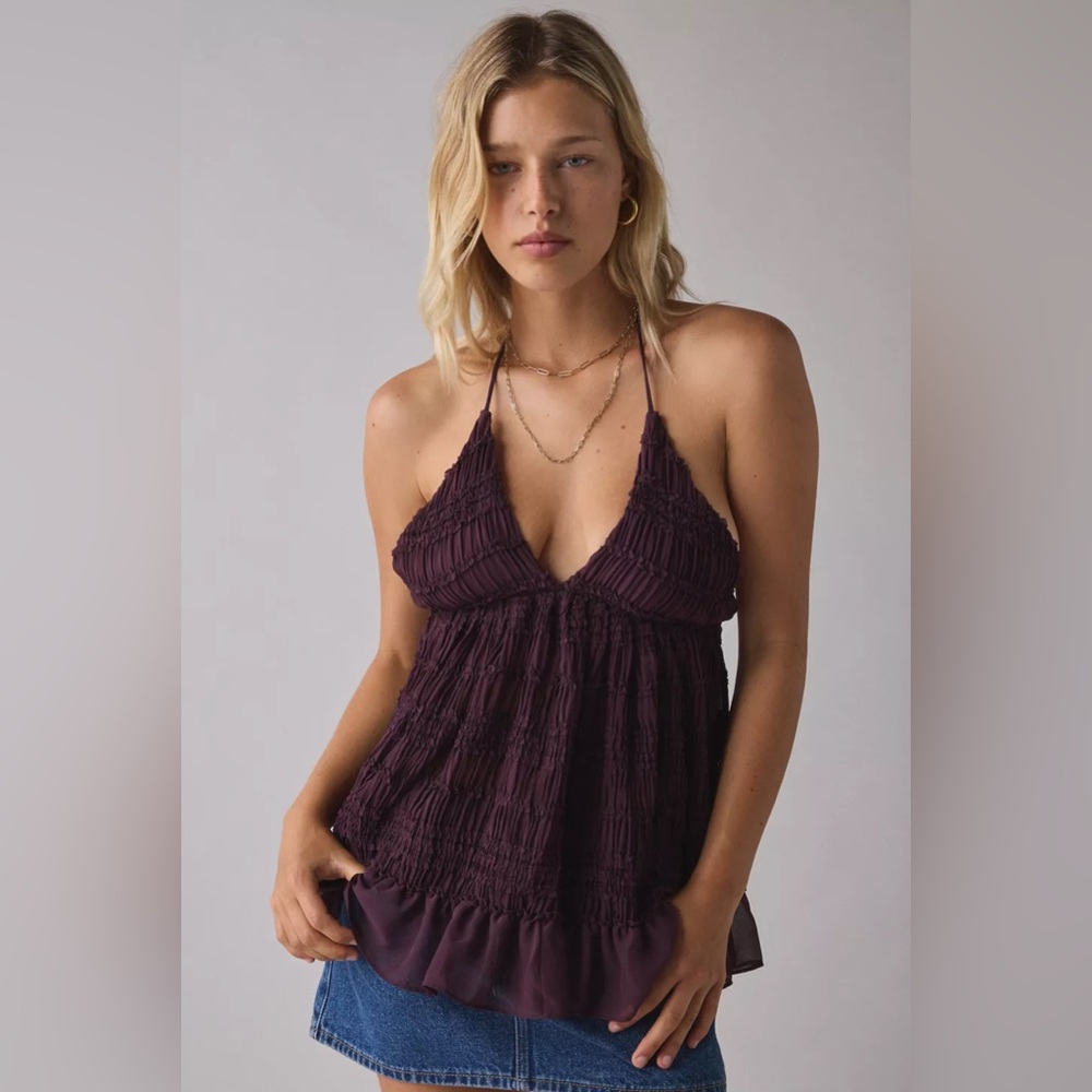 UO Kimchi Blue Edith Ruffle Babydoll Tunic Halter Top